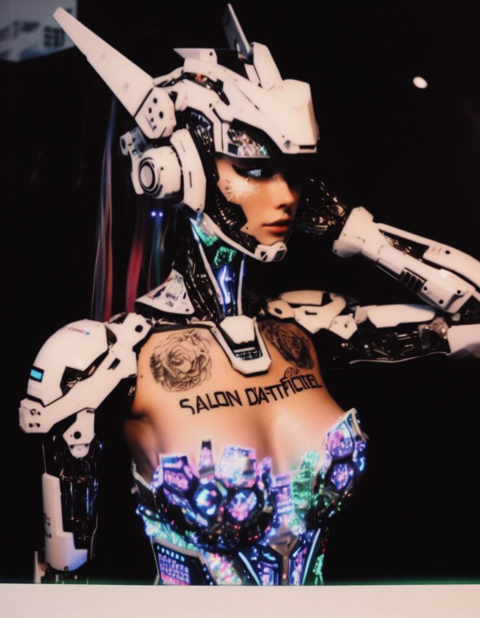 Interior spread: white armour cyborg
